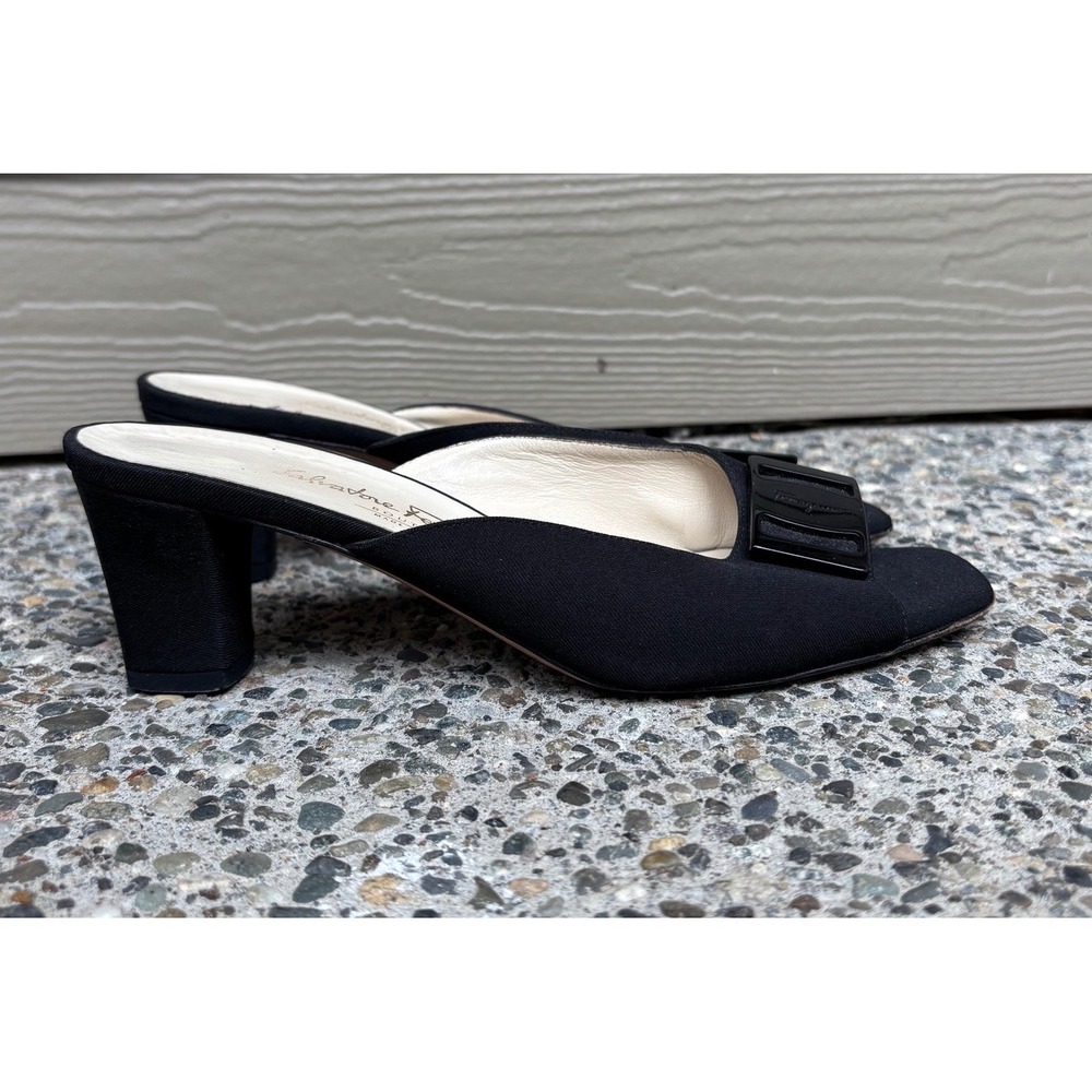 Salvatore Ferragamo Boutique Black Fabric Buckle Open Toe Block Heels 7.5 Italy